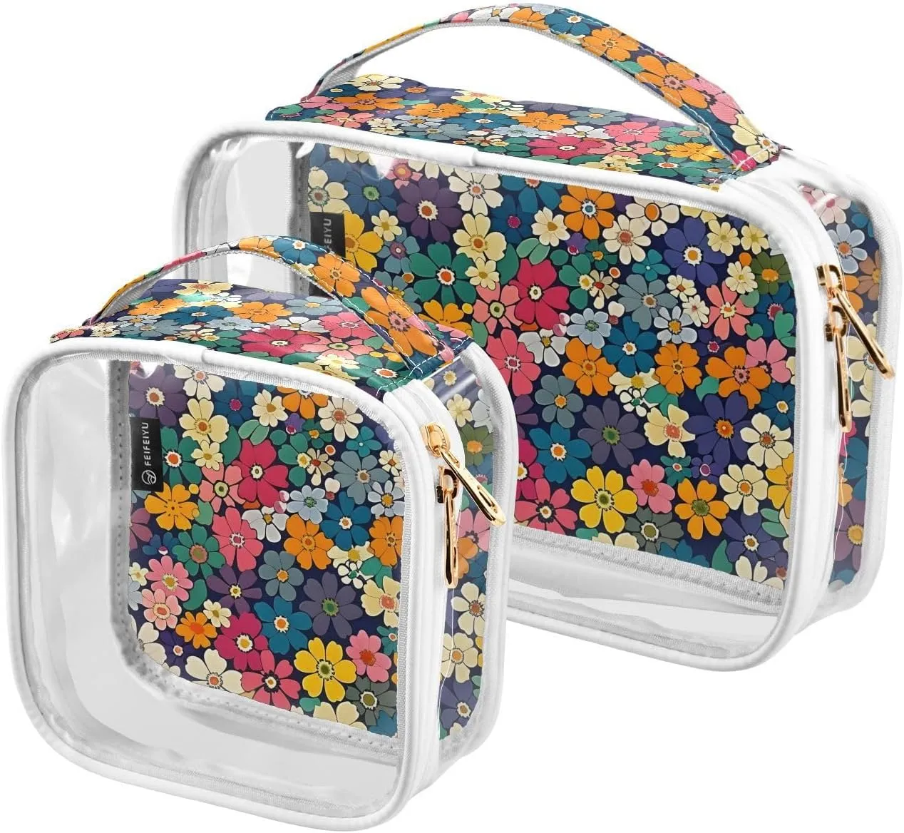 2 Pack Clear Makeup Bag, Multicolor Tiny Flowers Pattern Cosmetic Organizer Waterproof Travel Toiletry Bags for Women Transparent Handbag Purse