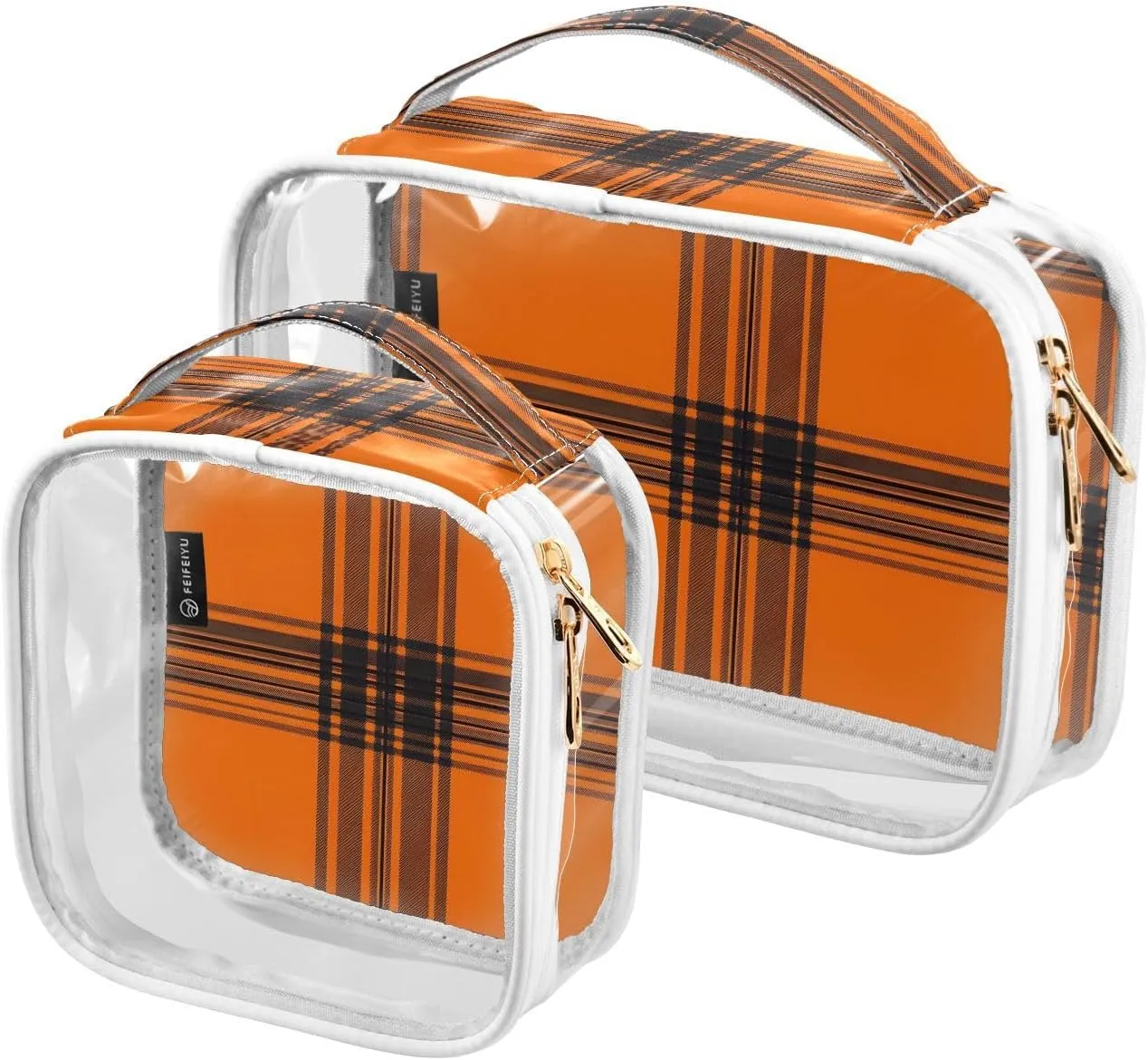 2 Pack Clear Makeup Bag, Orange Black Checked Cosmetic Organizer Waterproof Travel Toiletry Bags for Women Transparent Handbag Purse