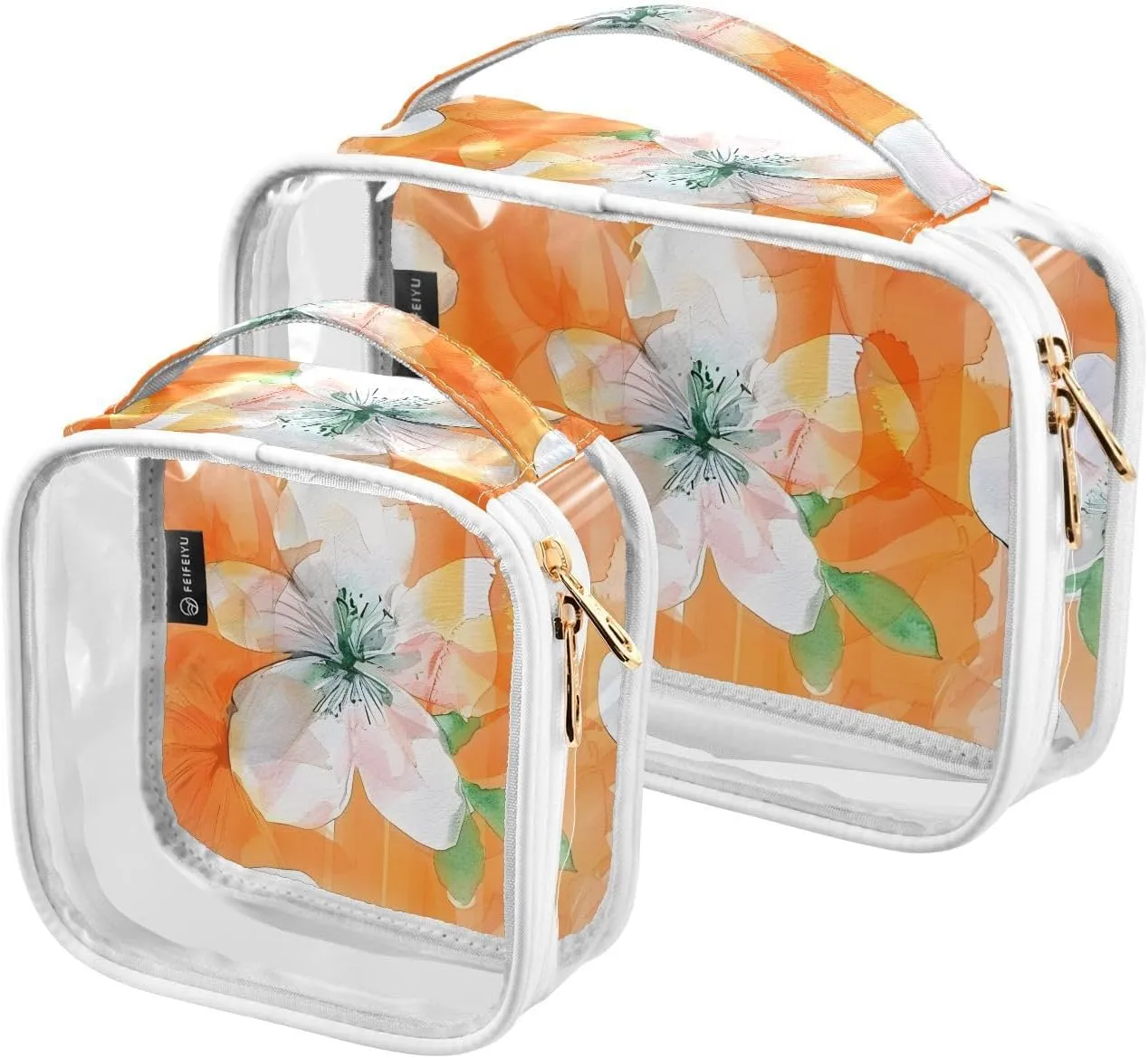 2 Pack Clear Makeup Bag, Orange Flowers Pattern Cosmetic Organizer Waterproof Travel Toiletry Bags for Women Transparent Handbag Purse