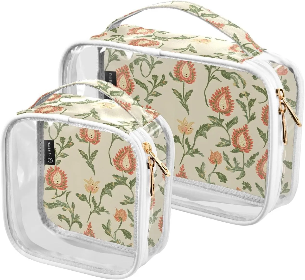 2 Pack Clear Makeup Bag, Paisley Floral Pattern Beige Cosmetic Organizer Waterproof Travel Toiletry Bags for Women Transparent Handbag Purse