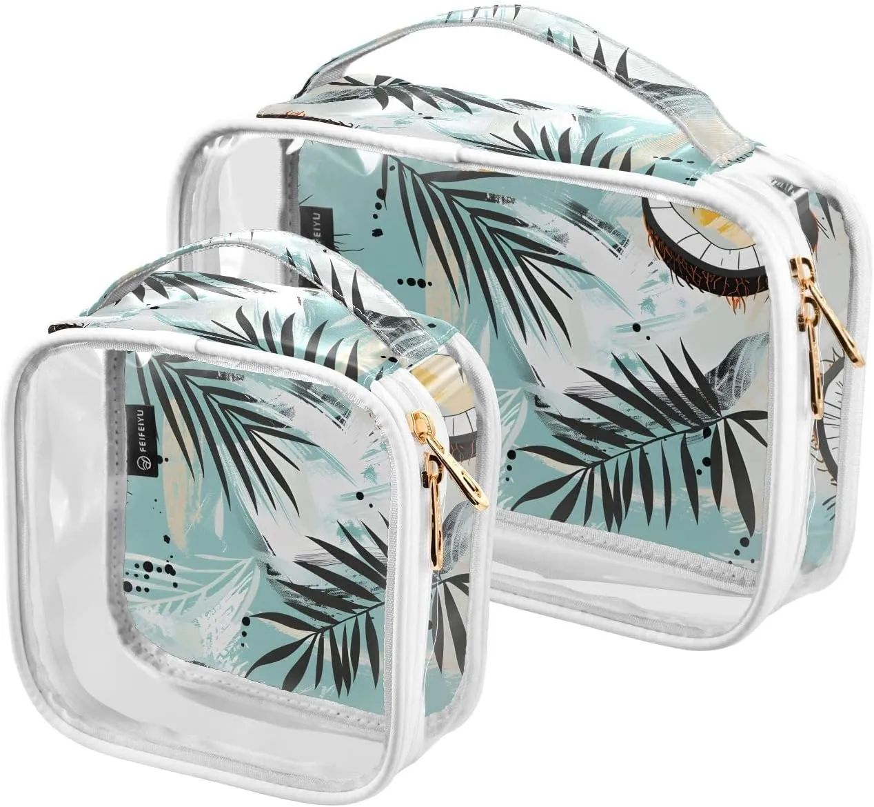 2 Pack Clear Makeup Bag, Palm Leaves Coconut Cosmetic Organizer Waterproof Travel Toiletry Bags for Women Transparent Handbag Purse