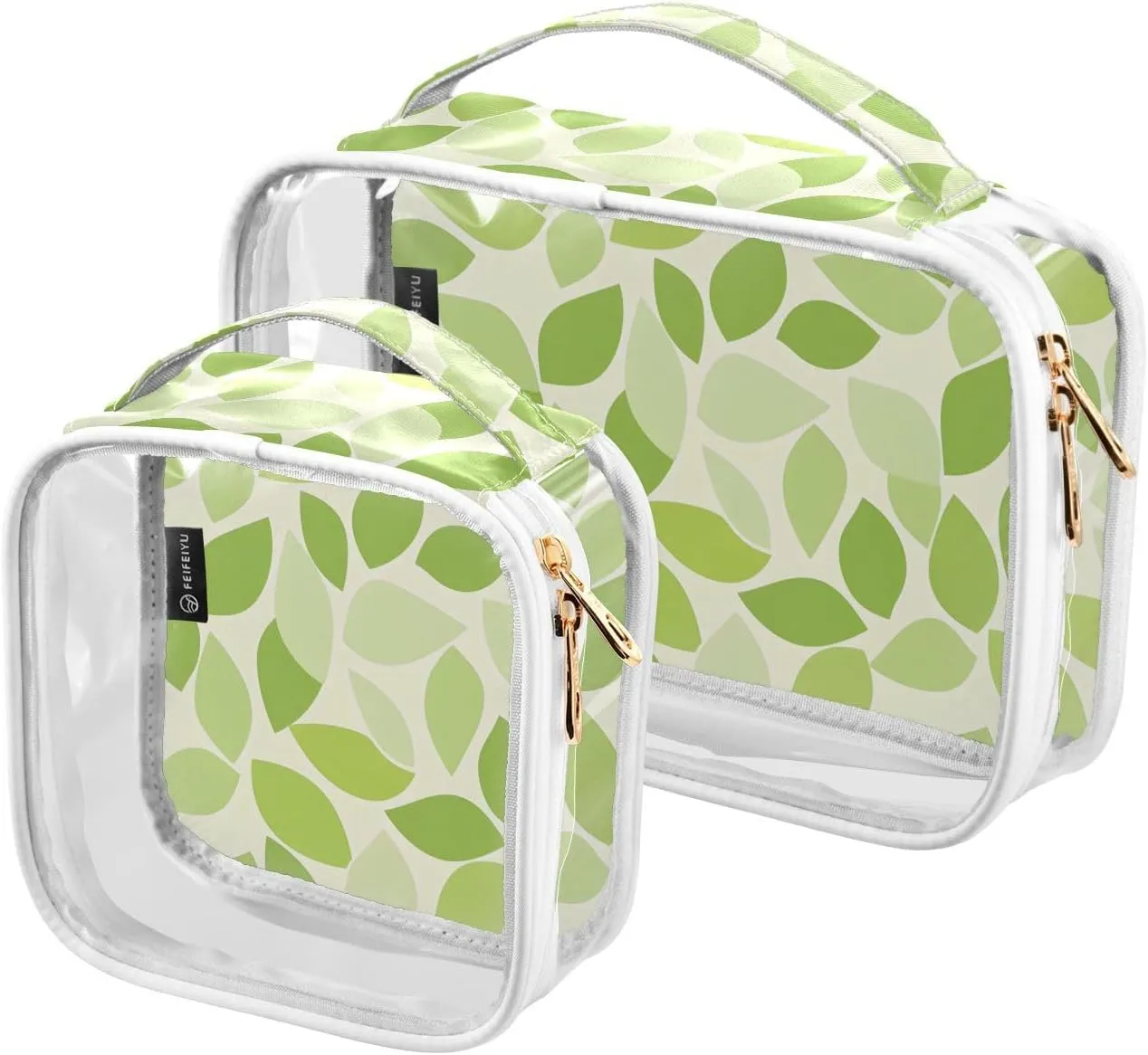2 Pack Clear Makeup Bag, Pattern Green Leaves Cosmetic Organizer Waterproof Travel Toiletry Bags for Women Transparent Handbag Purse