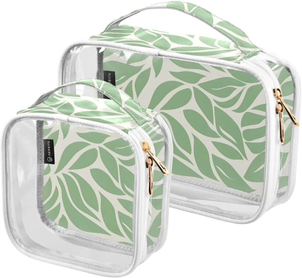 2 Pack Clear Makeup Bag, Pattern Leaves Green White Cosmetic Organizer Waterproof Travel Toiletry Bags for Women Transparent Handbag Purse