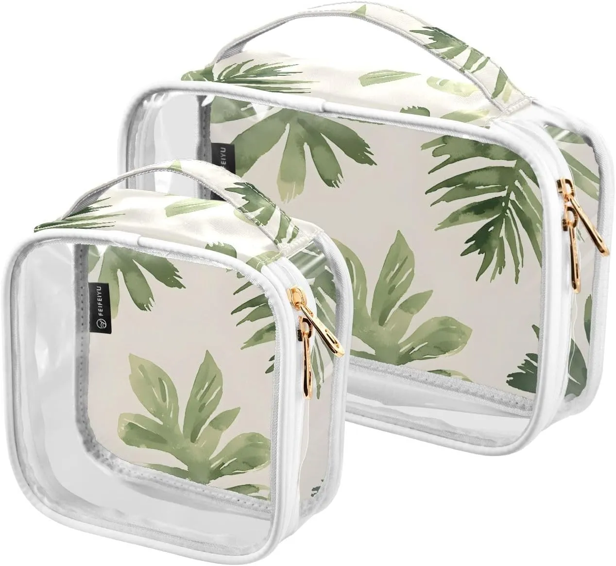 2 Pack Clear Makeup Bag, Pattern Leaves Pattern Cosmetic Organizer Waterproof Travel Toiletry Bags for Women Transparent Handbag Purse