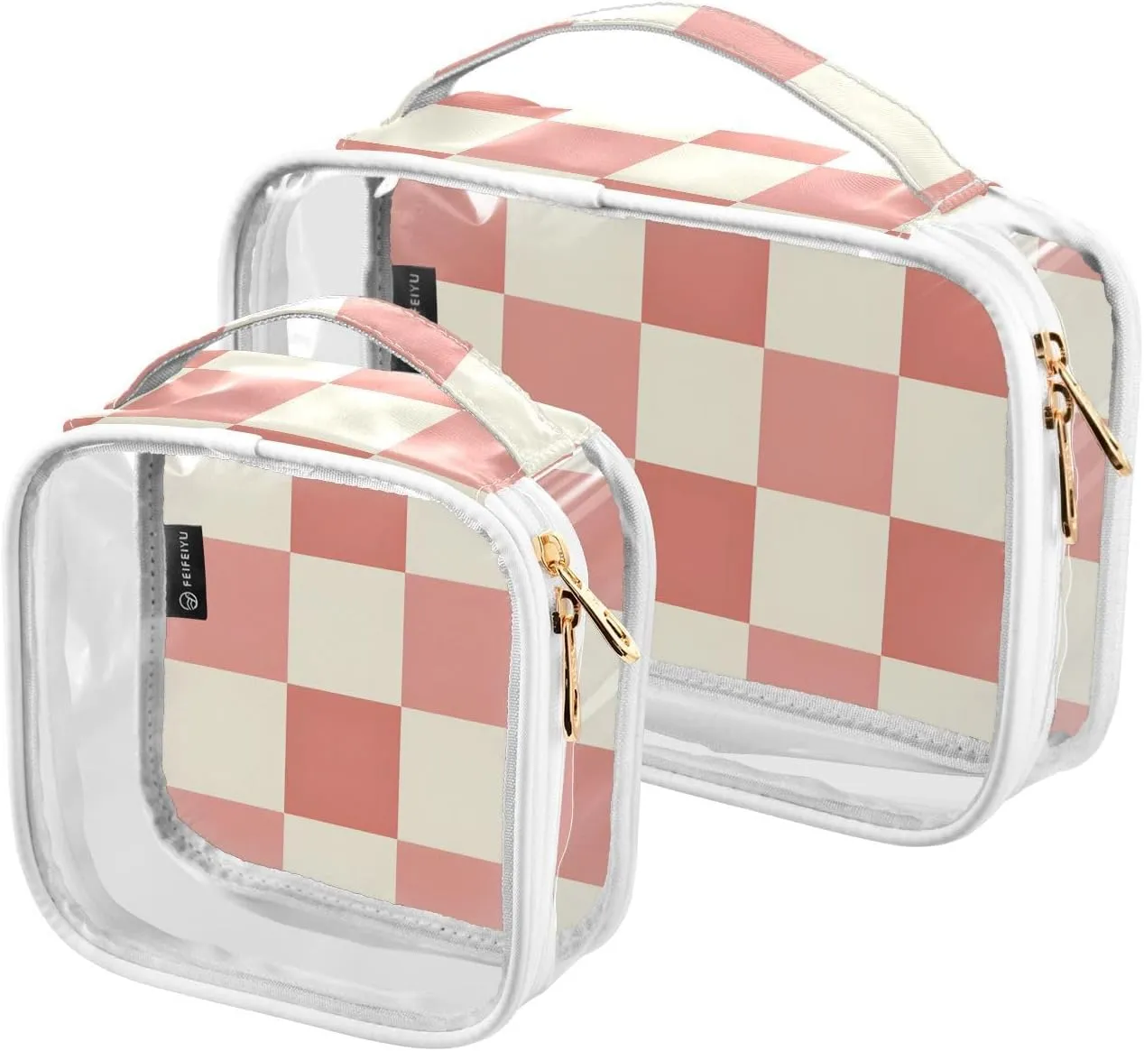 2 Pack Clear Makeup Bag, Peach Cream Check Pattern Cosmetic Organizer Waterproof Travel Toiletry Bags for Women Transparent Handbag Purse
