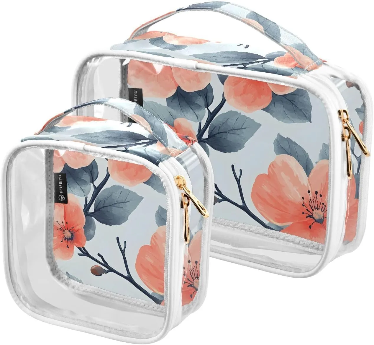 2 Pack Clear Makeup Bag, Peach Flowers Leaves Pattern Cosmetic Organizer Waterproof Travel Toiletry Bags for Women Transparent Handbag Purse