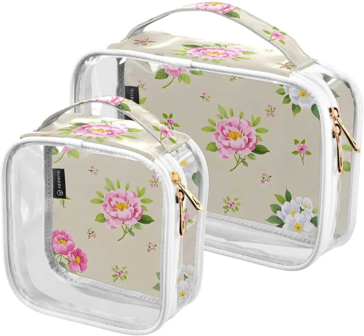 2 Pack Clear Makeup Bag, Peony Flower Pattern Cosmetic Organizer Waterproof Travel Toiletry Bags for Women Transparent Handbag Purse