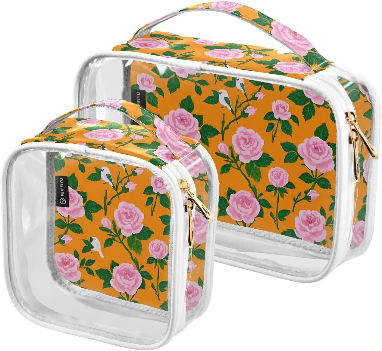 2 Pack Clear Makeup Bag, Peony Flowers with Orangepattern Cosmetic Organizer Waterproof Travel Toiletry Bags for Women Transparent Handbag Purse