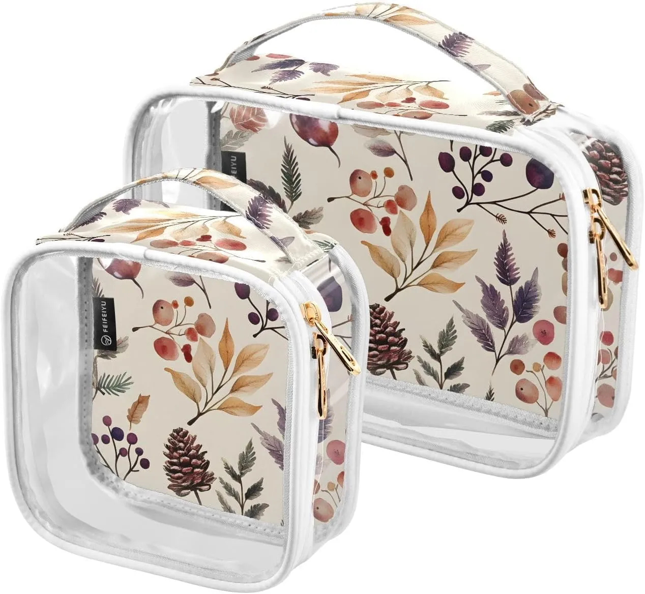 2 Pack Clear Makeup Bag, Pine Cones Leaves Cosmetic Organizer Waterproof Travel Toiletry Bags for Women Transparent Handbag Purse