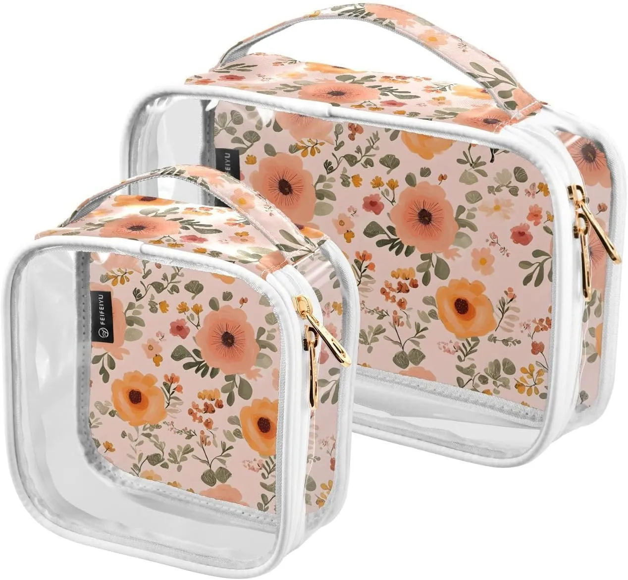2 Pack Clear Makeup Bag, Pink Flower Leaves Pattern Plants Cosmetic Organizer Waterproof Travel Toiletry Bags for Women Transparent Handbag Purse