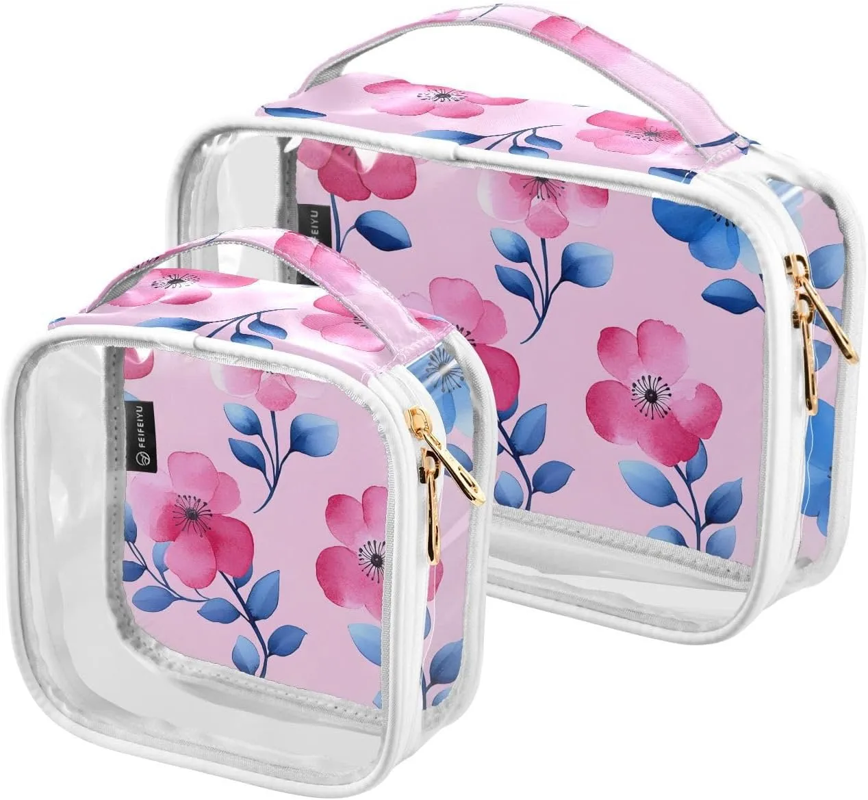 2 Pack Clear Makeup Bag, Pink Watercolor Flowers Pattern Blue Cosmetic Organizer Waterproof Travel Toiletry Bags for Women Transparent Handbag Purse