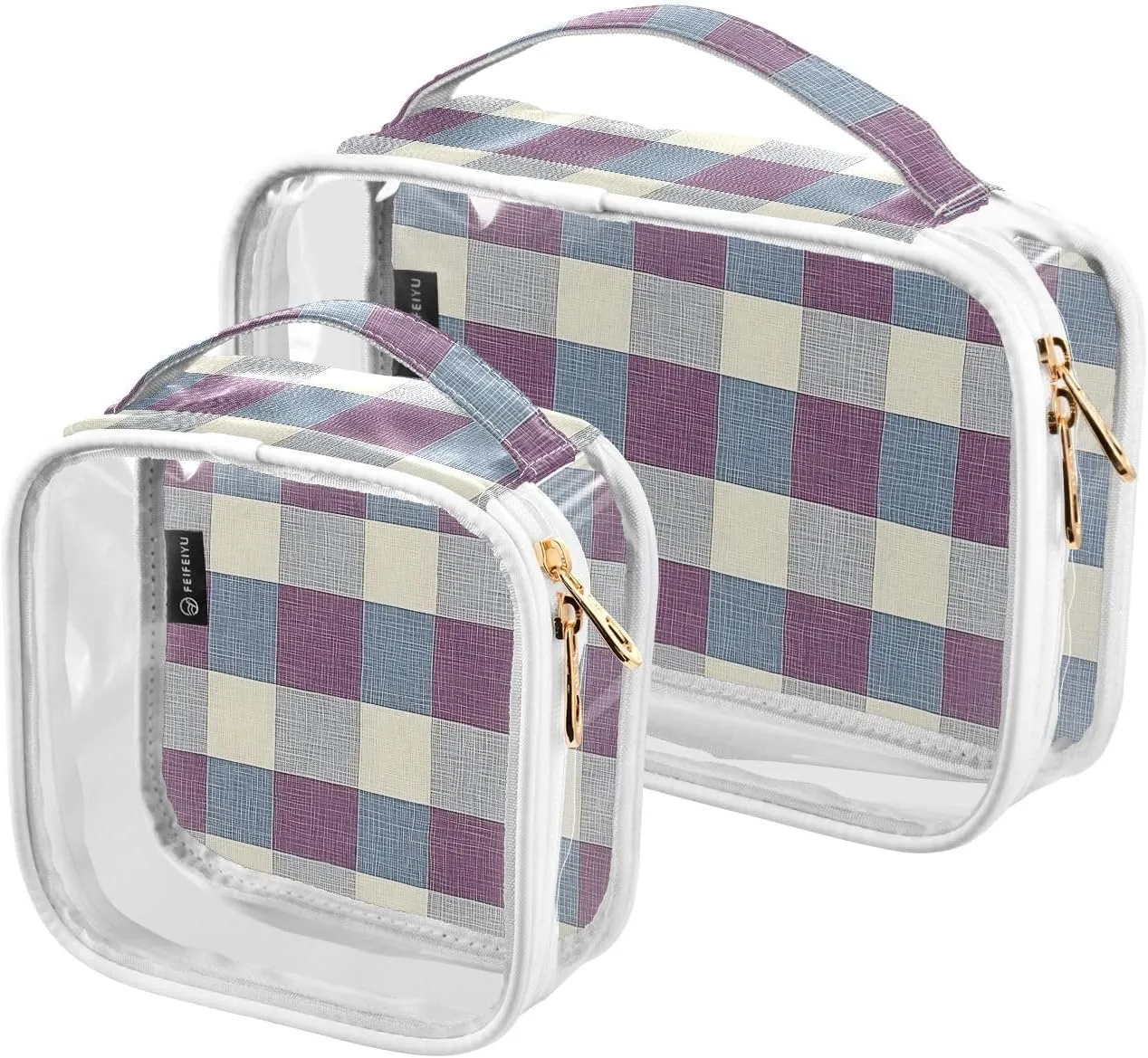 2 Pack Clear Makeup Bag, Plum - Blue Check Pattern Cosmetic Organizer Waterproof Travel Toiletry Bags for Women Transparent Handbag Purse