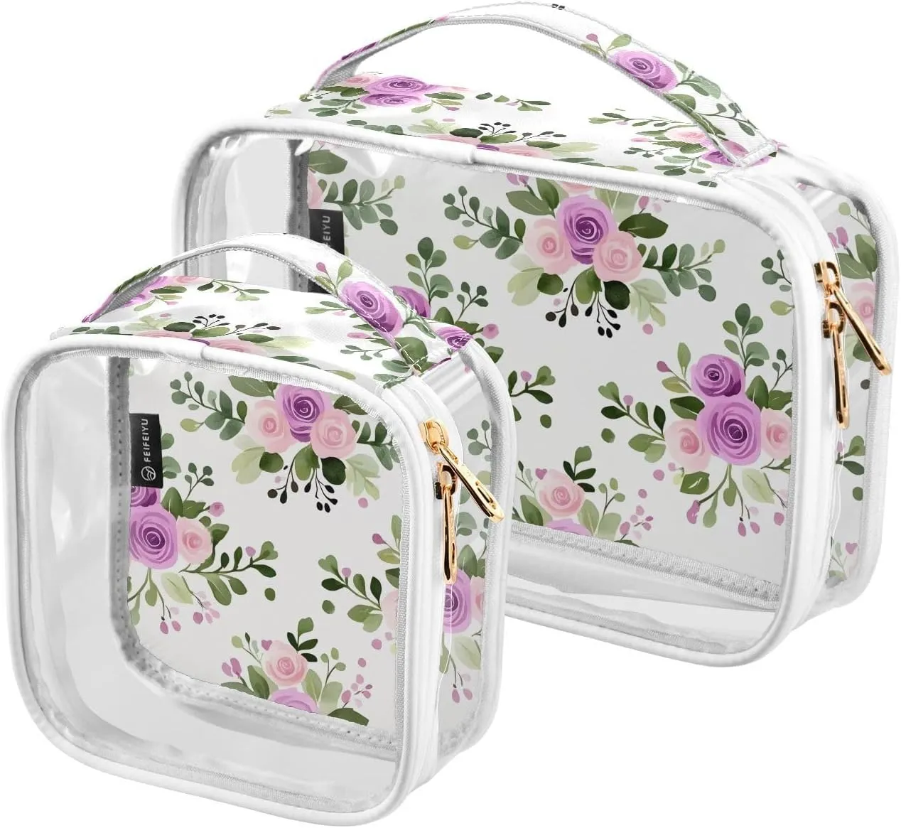 2 Pack Clear Makeup Bag, Purple Flower Pattern Green Leaves Cosmetic Organizer Waterproof Travel Toiletry Bags for Women Transparent Handbag Purse