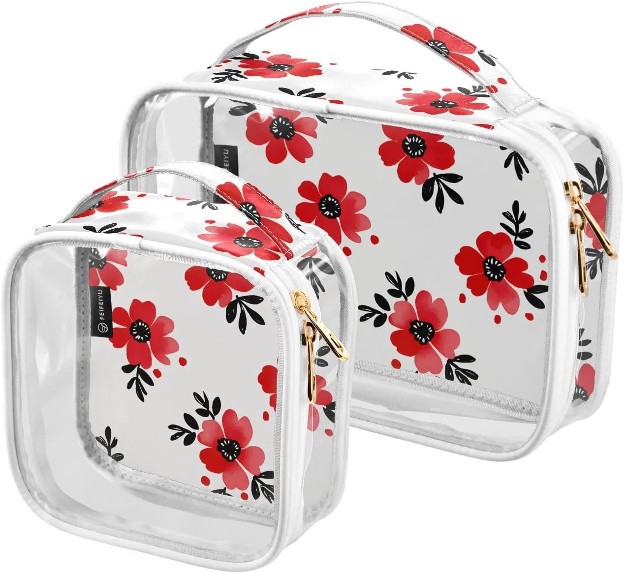 2 Pack Clear Makeup Bag, Red Flower Black Leaves Pattern Cosmetic Organizer Waterproof Travel Toiletry Bags for Women Transparent Handbag Purse
