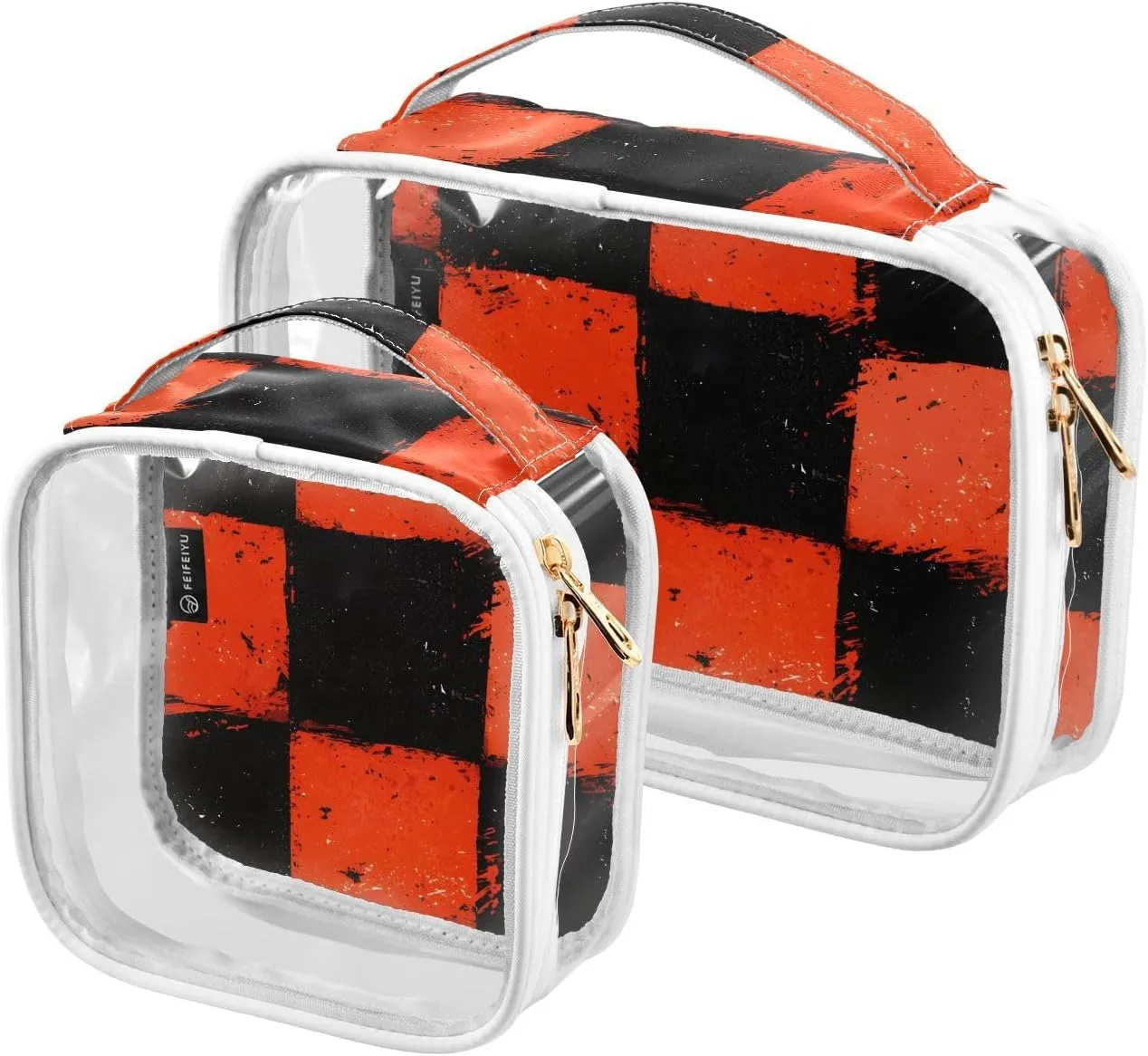 2 Pack Clear Makeup Bag, Redblackgrungecheck Pattern Cosmetic Organizer Waterproof Travel Toiletry Bags for Women Transparent Handbag Purse