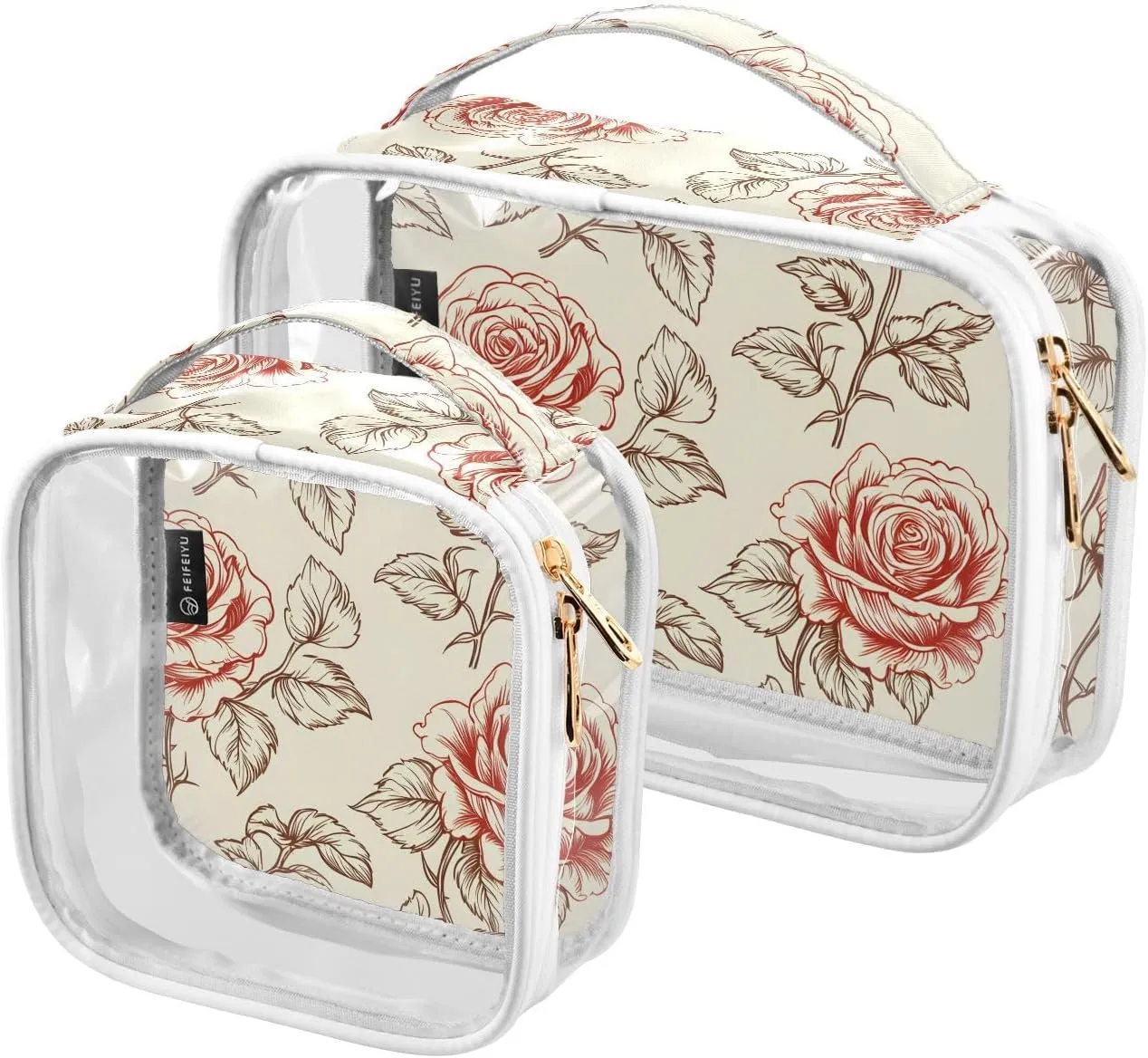 2 Pack Clear Makeup Bag, Rose White Red Flower Pattern Cosmetic Organizer Waterproof Travel Toiletry Bags for Women Transparent Handbag Purse
