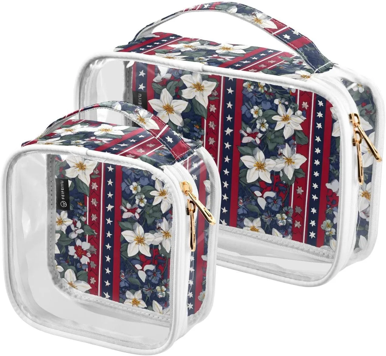 2 Pack Clear Makeup Bag, Striped Flower Pattern Red Blue White Cosmetic Organizer Waterproof Travel Toiletry Bags for Women Transparent Handbag Purse