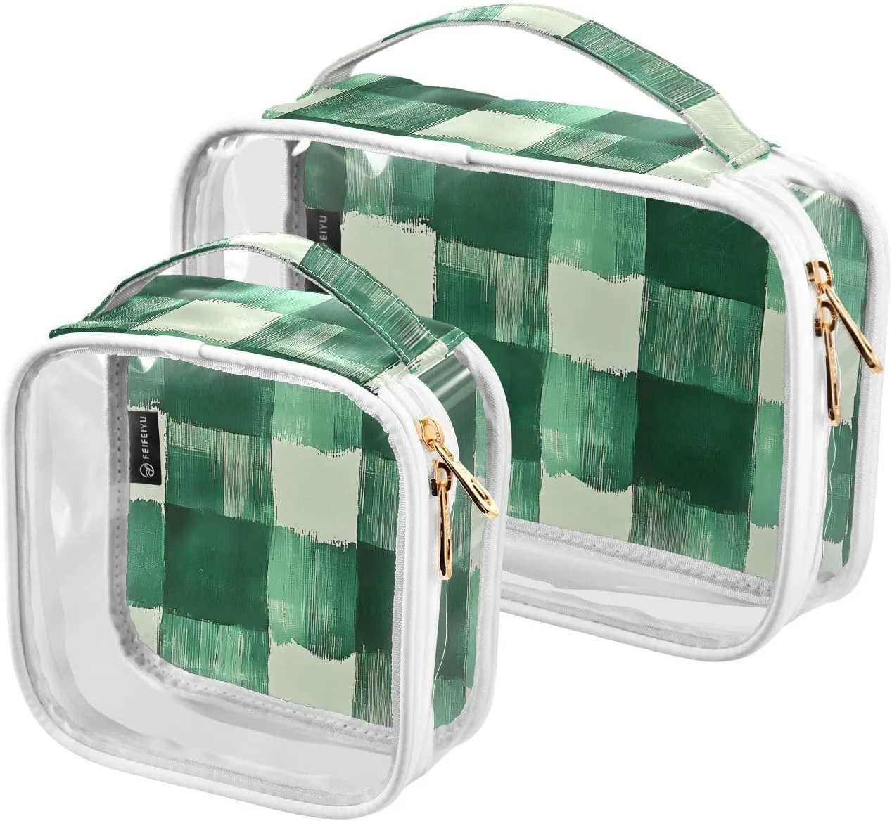 2 Pack Clear Makeup Bag, Stroke Check Pattern Cosmetic Organizer Waterproof Travel Toiletry Bags for Women Transparent Handbag Purse