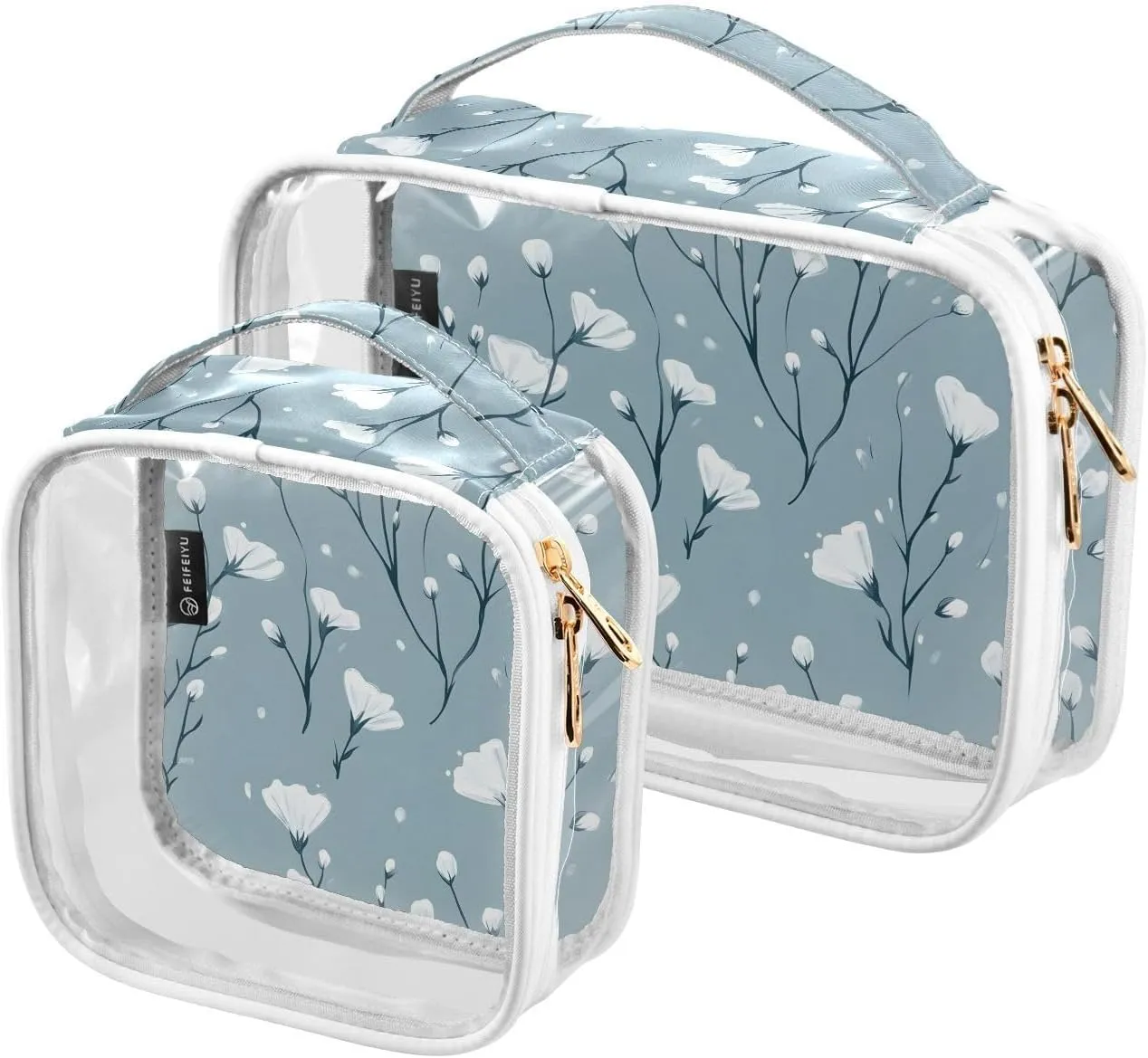 2 Pack Clear Makeup Bag, Tiny Flowers White Pattern Cosmetic Organizer Waterproof Travel Toiletry Bags for Women Transparent Handbag Purse