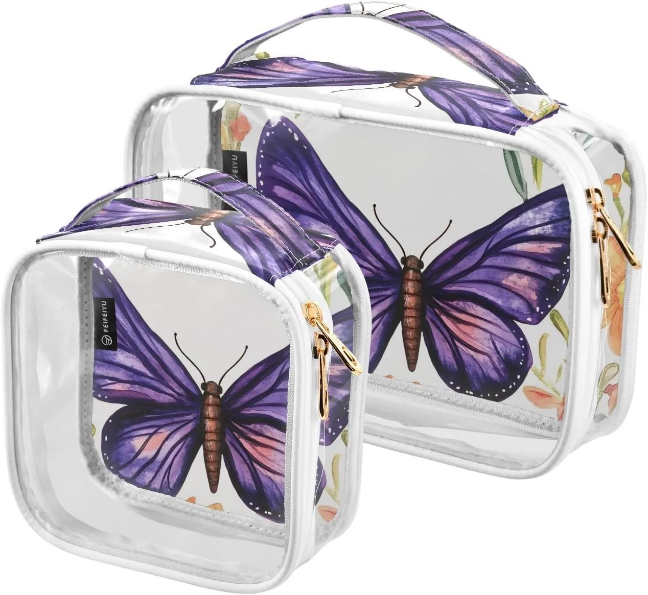 2 Pack Clear Makeup Bag, Watercolor Purple Butterfly Flower Cosmetic Organizer Waterproof Travel Toiletry Bags for Women Transparent Handbag Purse