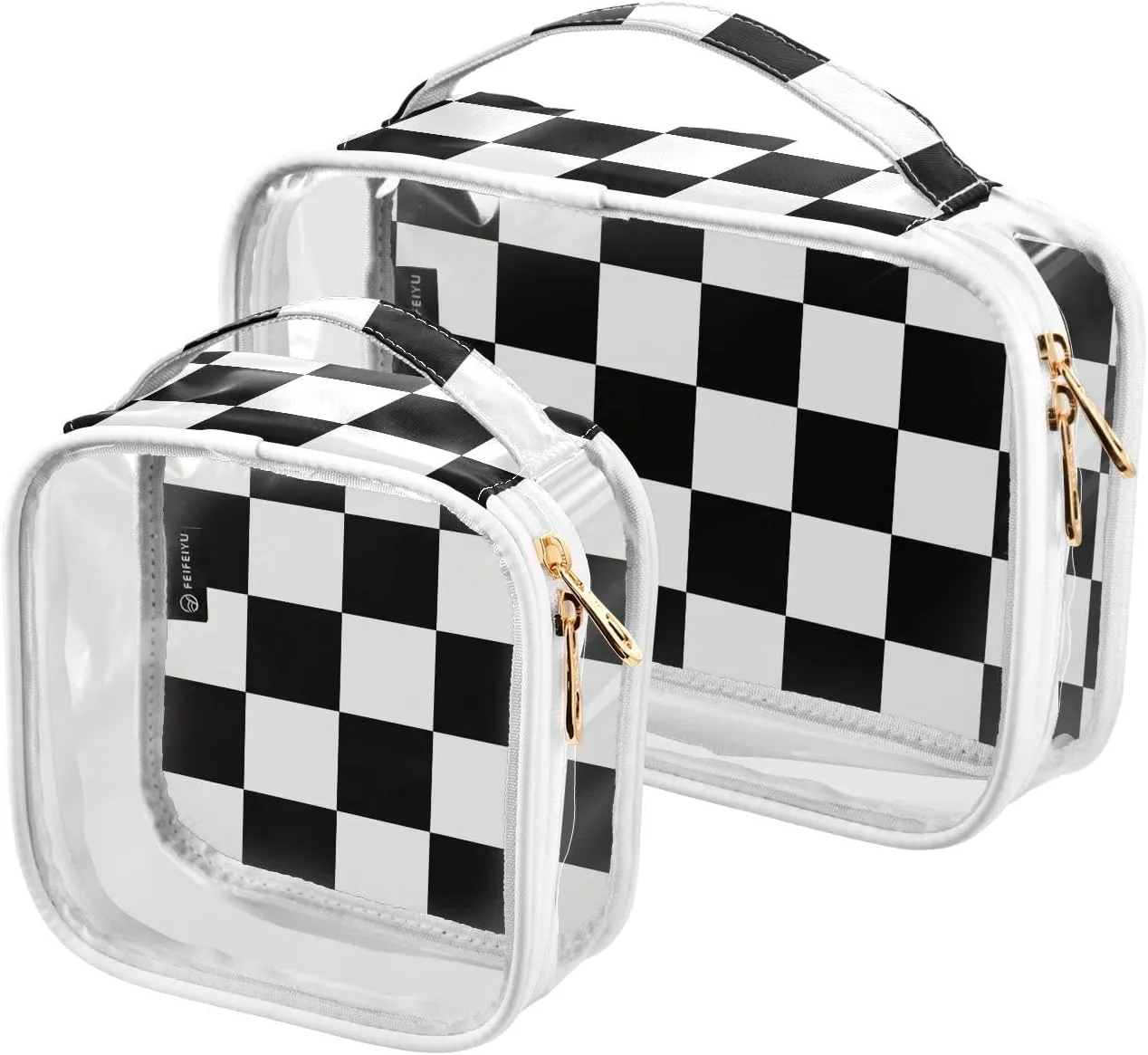 2 Pack Clear Makeup Bag, White and Black Checked Cosmetic Organizer Waterproof Travel Toiletry Bags for Women Transparent Handbag Purse