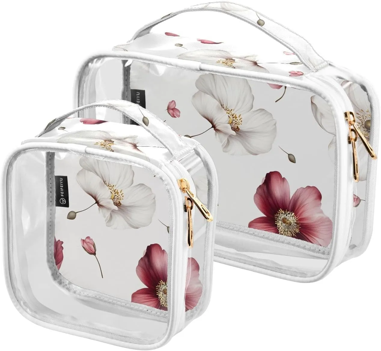 2 Pack Clear Makeup Bag, White Red Flower Pattern Cosmetic Organizer Waterproof Travel Toiletry Bags for Women Transparent Handbag Purse