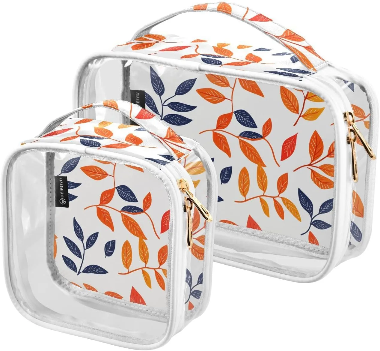 2 Pack Clear Makeup Bag, Yellow and Blue Leaves Cosmetic Organizer Waterproof Travel Toiletry Bags for Women Transparent Handbag Purse