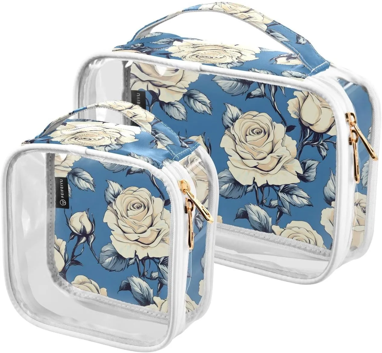 2 Pack Clear Makeup Bag, Yellow Flower Blue Leaves Pattern Cosmetic Organizer Waterproof Travel Toiletry Bags for Women Transparent Handbag Purse