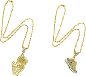 2 Pcs Basketball Chain and Sneaker Pendant Set Hip Hop Sports Necklaces Chains Cool Gold Necklace for Mens Vintage Sneaker Pendant Fade Resistant Cord Stylish Jewelry for Mens