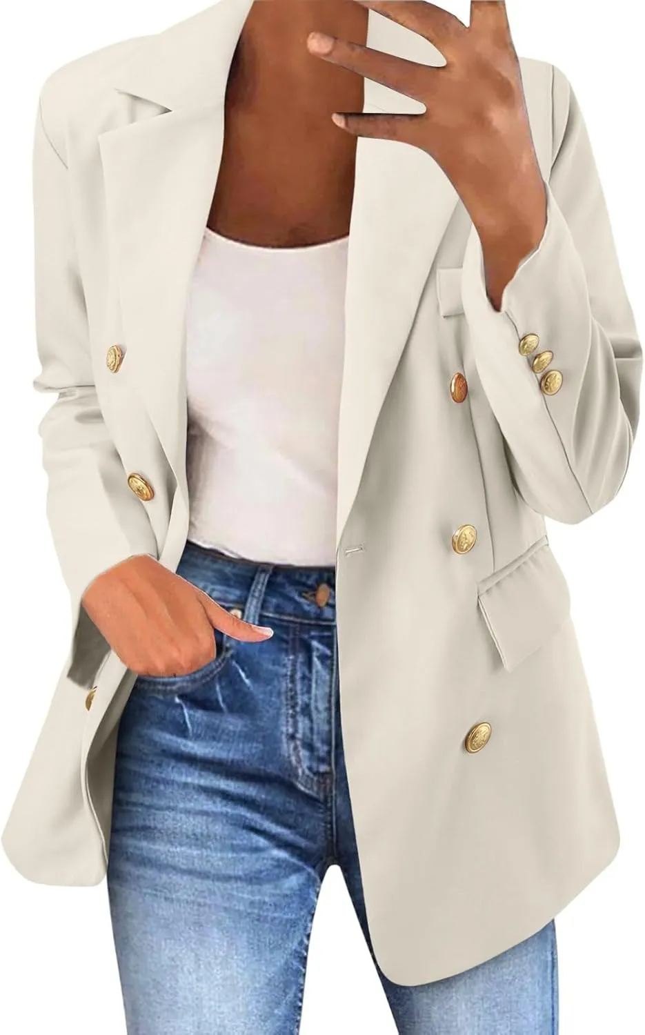 2024 Womens Casual Blazer Dressy Suit Jacket Gold Button Sport Coats Long Sleeve Work Office Blazer Lapel Open Front Jacket