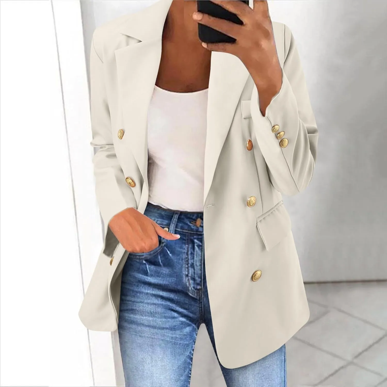 2024 Womens Casual Blazer Dressy Suit Jacket Gold Button Sport Coats Long Sleeve Work Office Blazer Lapel Open Front Jacket