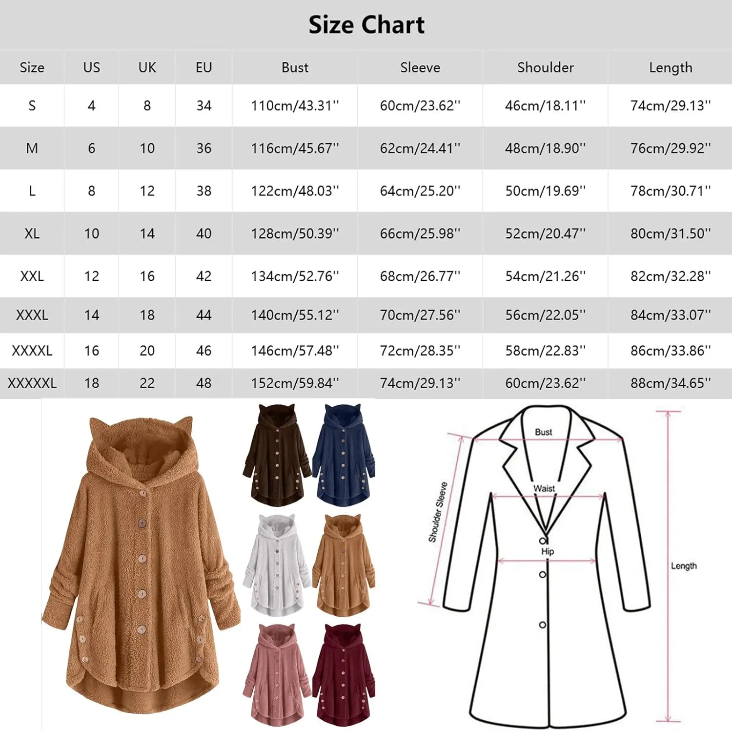 2024 Women's Plus Size Winter Coats Warm Fleece Jakcets Cute Casual Plush Fuzzy Button Hoodie Sweatshirt Loose Soft Outwear