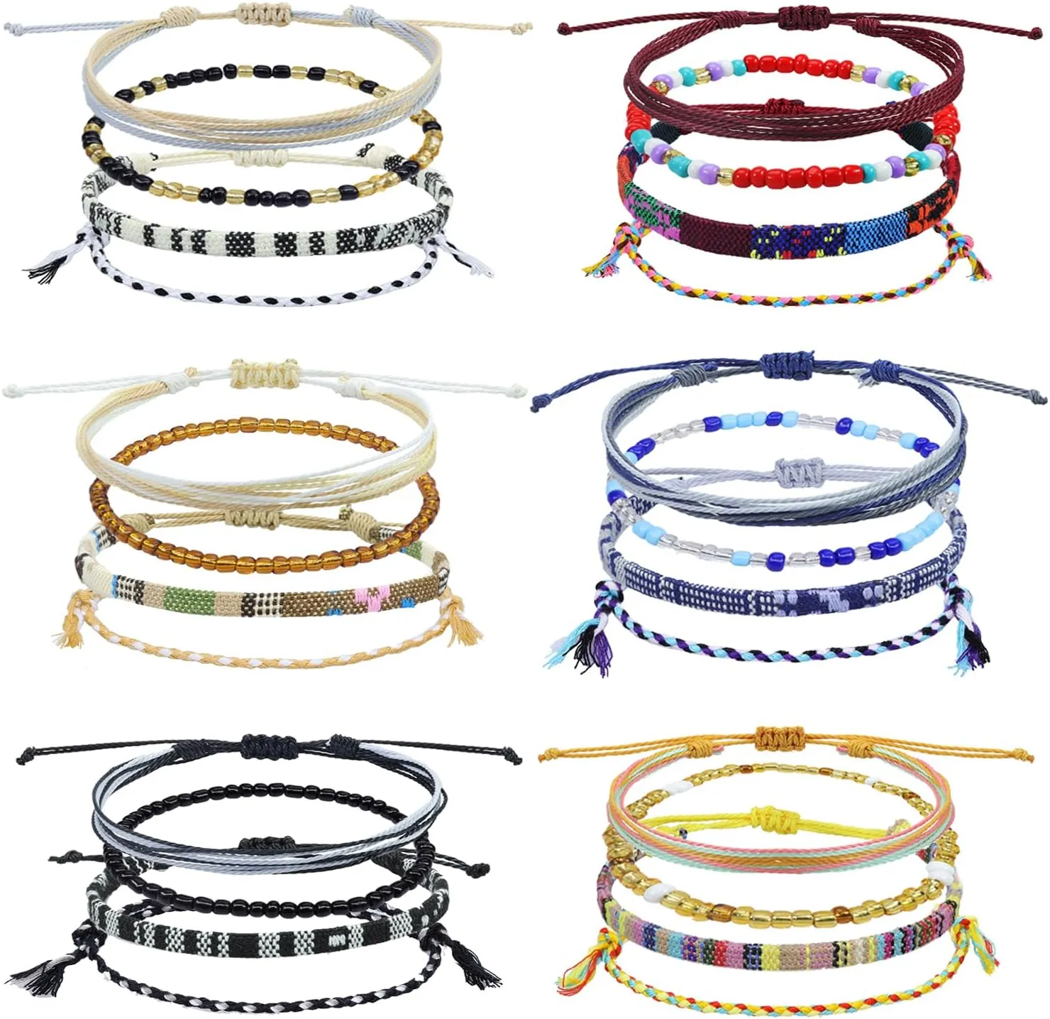 24Pcs Boho Surfer Bracelet Ankle String Surfer Beach Bracelets, Adjustable Handmade Braided Bracelet Waterproof Colorful Beaded Braided Rope Wrist Friendship Bracelet Jewelry for Unisex Women Men