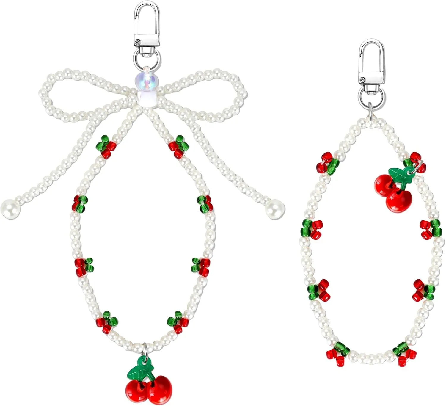2Pcs Cherry Pearl Keychain Wristlet Keychain for Women Girls Coquette Bow Keychain Accessories Chrams Cute Key Ring Bracelet Key Chain for Handbag Backpack Charm Purse Bag Car Accessories Gift
