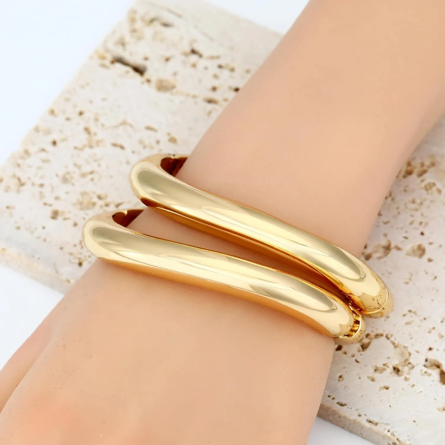 2PCS Chunky Gold Cuff Bangle Bracelets Stack for Women Non Tarnish Trendy, 14K Gold Plated Irregular Open Wide Hinged Thick Chain Wrap Bangles Bracelet Set Arm Jewelry Gifts