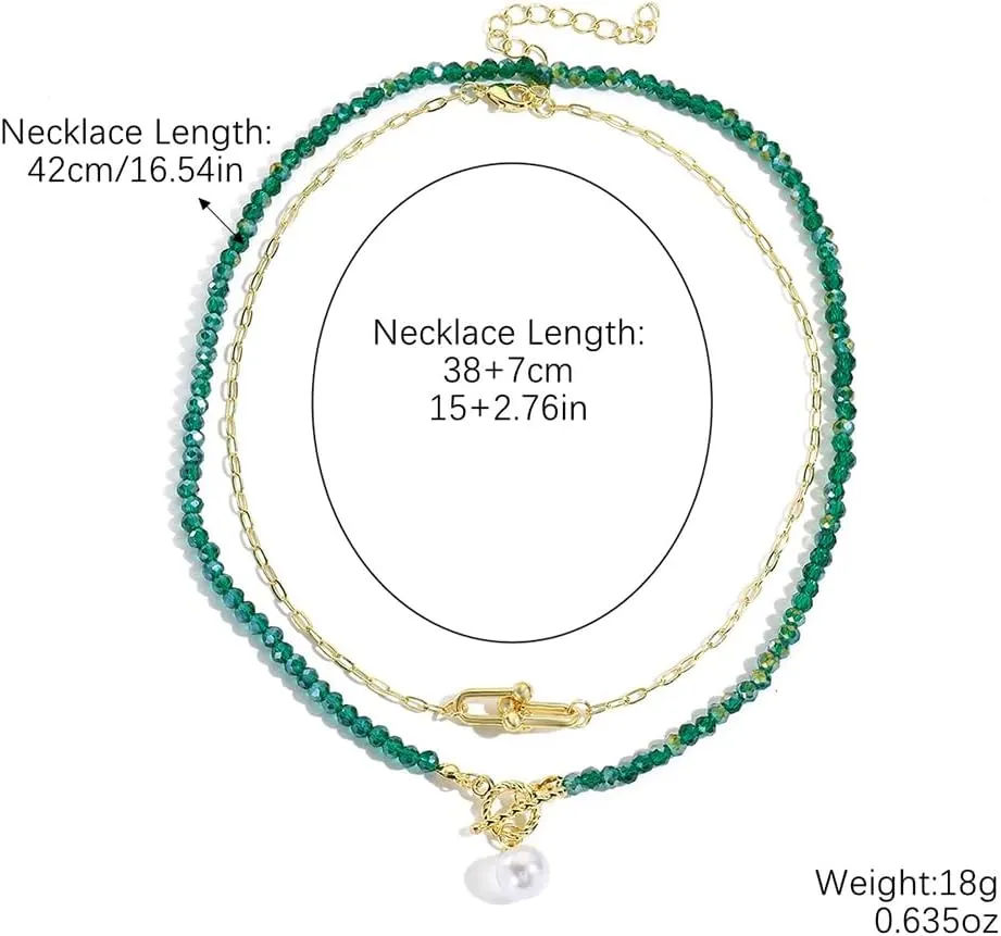 2PCS Crystal Beaded Necklace for Women Pearl Choker Necklaces Trendy Heart Water Drop Pendant Necklace for Women Summer Jewelry