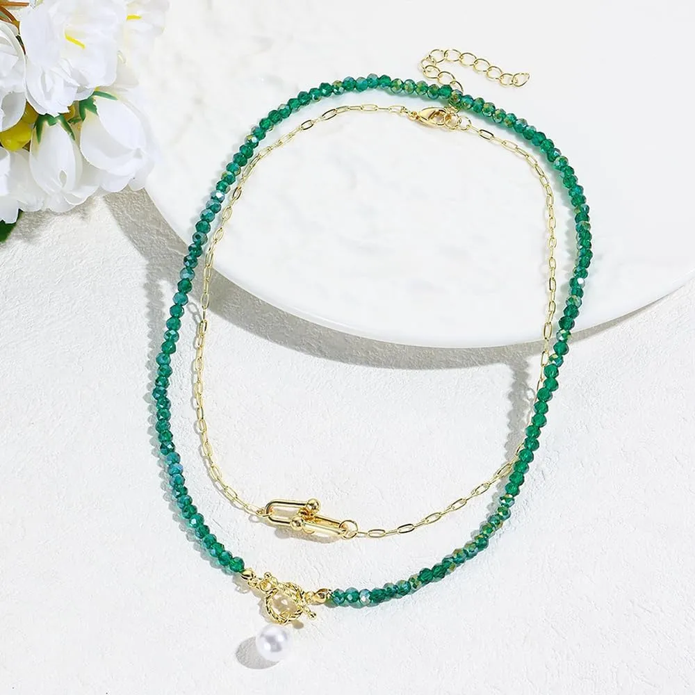 2PCS Crystal Beaded Necklace for Women Pearl Choker Necklaces Trendy Heart Water Drop Pendant Necklace for Women Summer Jewelry