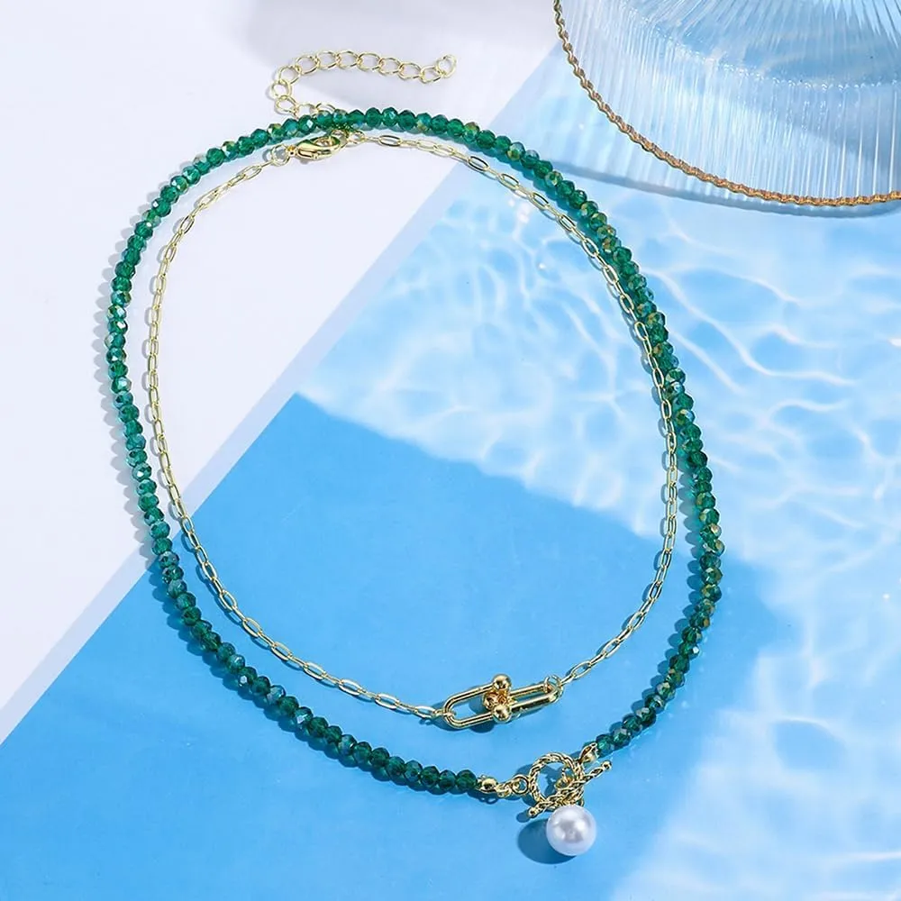 2PCS Crystal Beaded Necklace for Women Pearl Choker Necklaces Trendy Heart Water Drop Pendant Necklace for Women Summer Jewelry