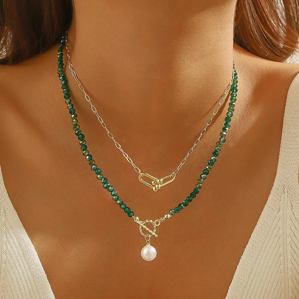 2PCS Crystal Beaded Necklace for Women Pearl Choker Necklaces Trendy Heart Water Drop Pendant Necklace for Women Summer Jewelry
