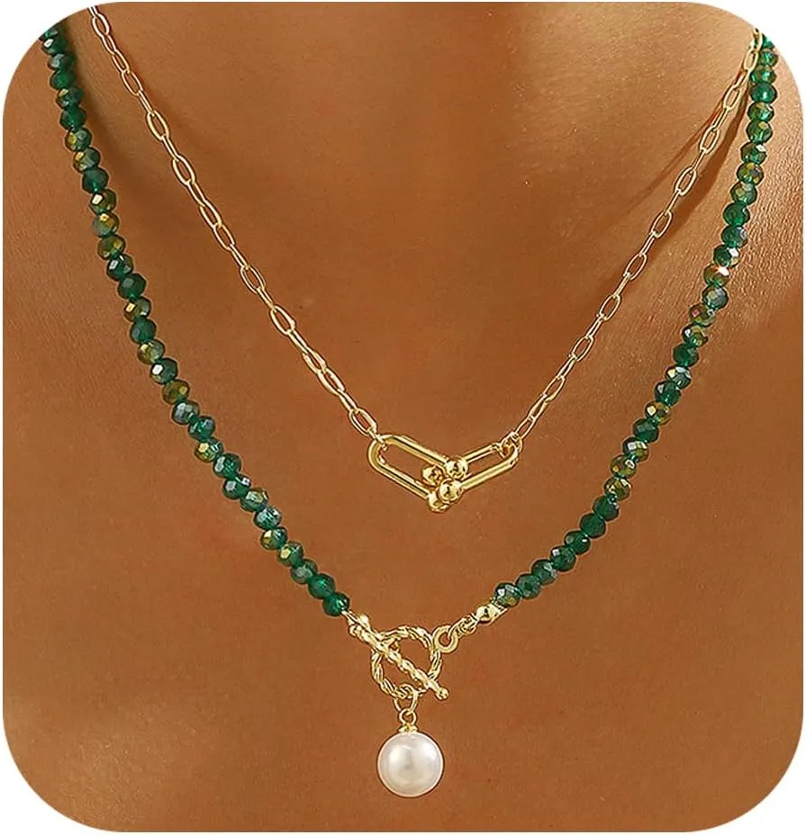 2PCS Crystal Beaded Necklace for Women Pearl Choker Necklaces Trendy Heart Water Drop Pendant Necklace for Women Summer Jewelry