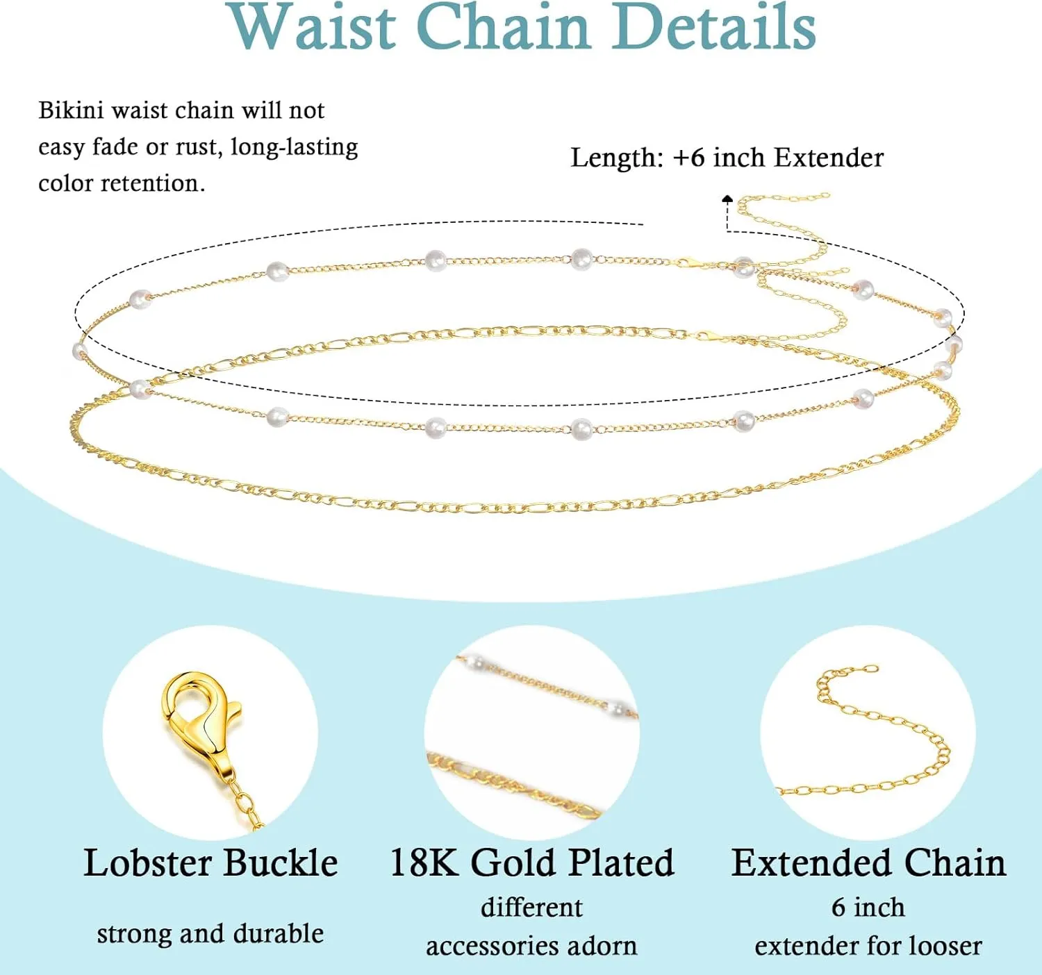 2PCS Gold Plated Waist Chain Beach Pearl Body Chain Adjustable Bikini Belly Chain Body Chain Jewelry for Women