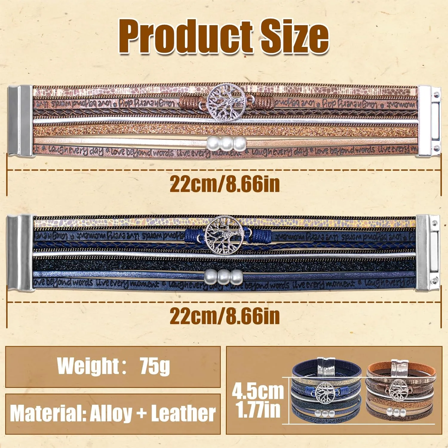 2pcs Leather Bracelets for Women Tree of Life Multi-Layer Wraps Bracelet Boho Leopard Multi-Layer Braided Cuff Bracelet Fashion Stackable Wrist Bracelet Valentine's Day Mother's Day Present