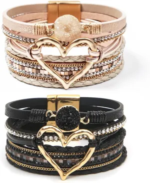 2Pcs Leather Wrap Bracelets for Women, Layered Heart Bracelet with Clasp, Multilayer Stack Boho Wrap Bracelets for Women