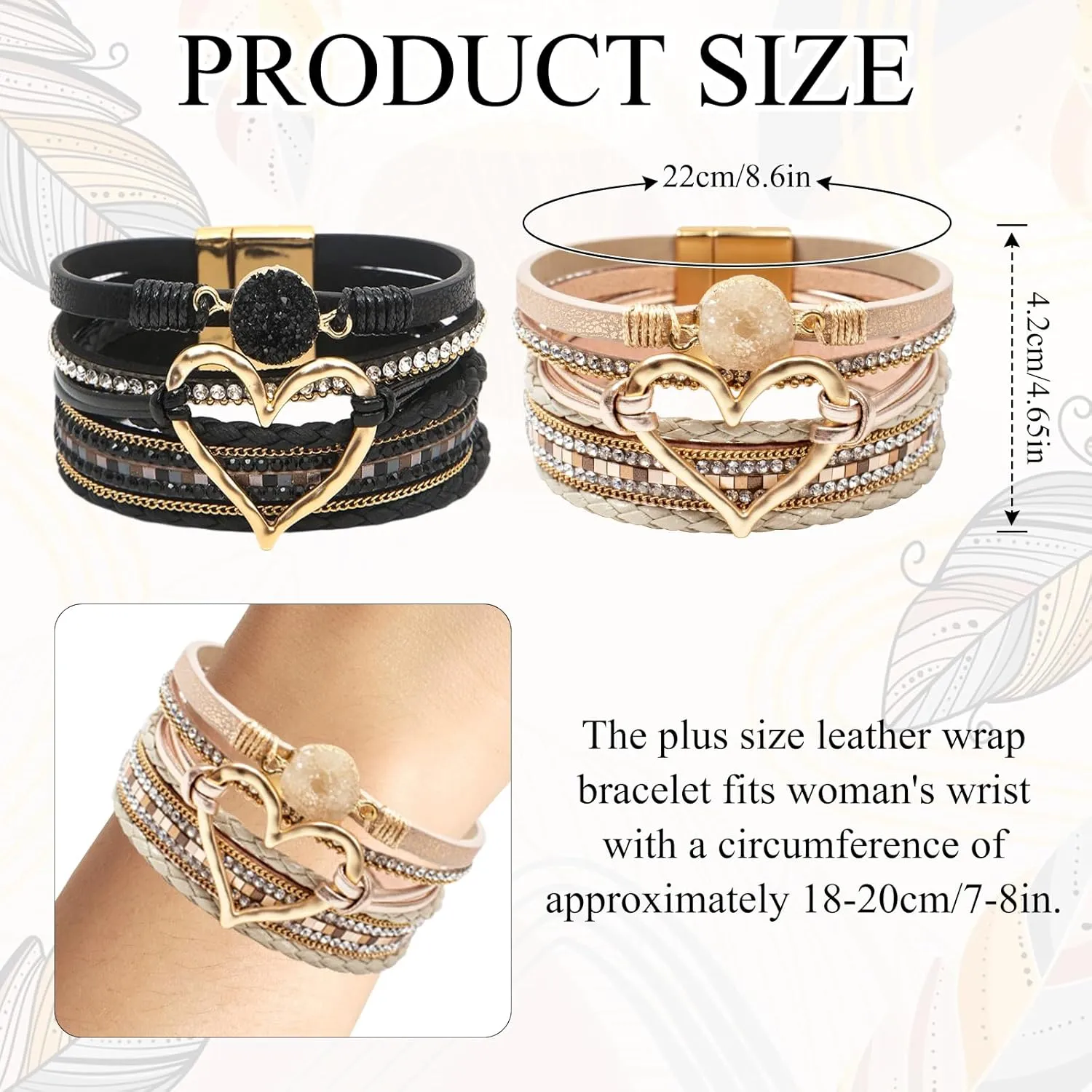 2Pcs Leather Wrap Bracelets for Women, Layered Heart Bracelet with Clasp, Multilayer Stack Boho Wrap Bracelets for Women