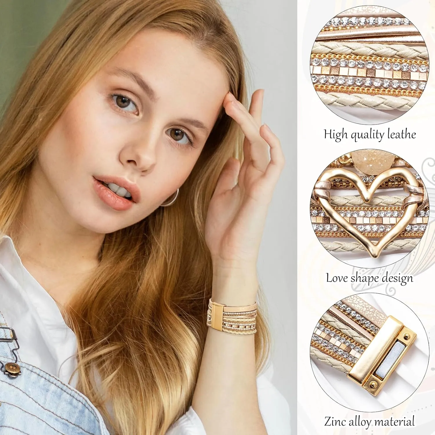2Pcs Leather Wrap Bracelets for Women, Layered Heart Bracelet with Clasp, Multilayer Stack Boho Wrap Bracelets for Women