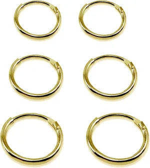 3 Pair Set Yellow Gold Flash Sterling Silver 10mm, 12mm & 14mm Tiny Small Lightweight Thin Round Continuous Endless Unisex Hoop Earrings