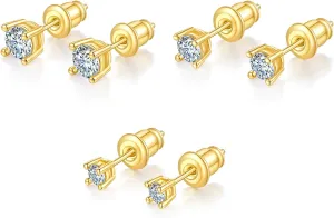 3 Pairs Cubic Zirconia Stud Earrings with Flat Back, Gold Plated Helix Cartilage Tragus Earrings, Hypoallergenic Sterling Silver Post, Dainty Jewelry for Women & Men Gift (3/4/5mm CZ, Gold/White Gold)