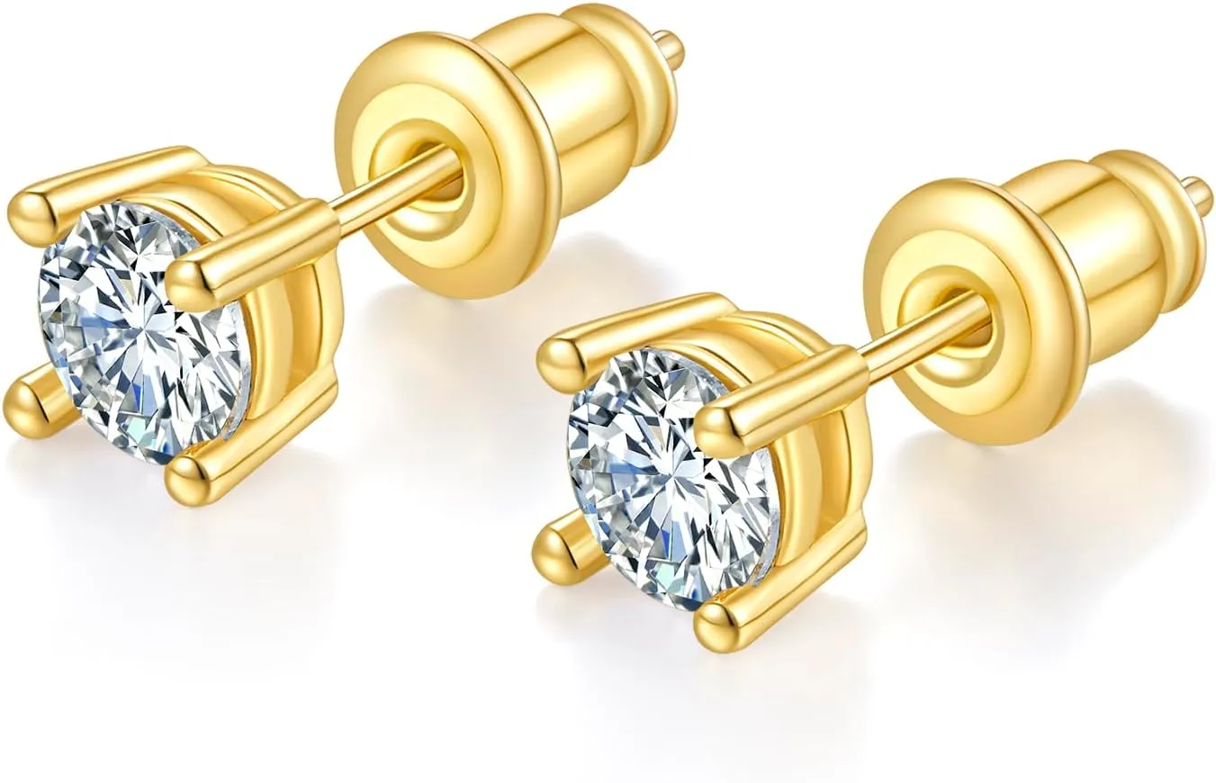 3 Pairs Cubic Zirconia Stud Earrings with Flat Back, Gold Plated Helix Cartilage Tragus Earrings, Hypoallergenic Sterling Silver Post, Dainty Jewelry for Women & Men Gift (3/4/5mm CZ, Gold/White Gold)