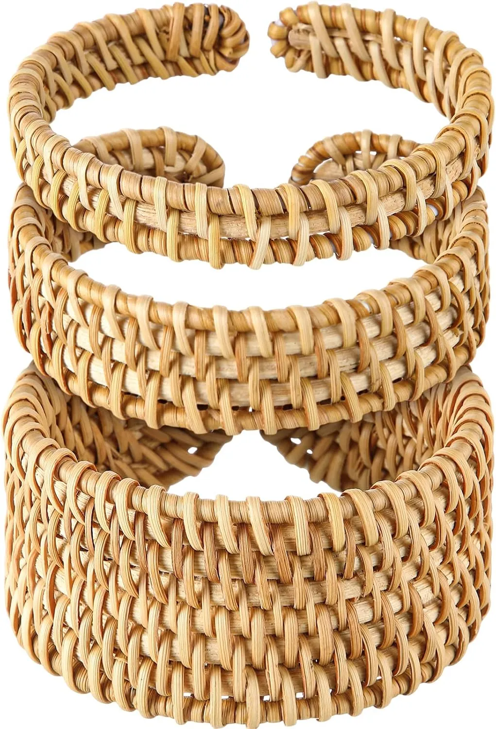 3 Pcs Handwoven Wooden Braided Rattan Knit Cuff Bracelet Adjustable Bohemian Chunky Wrap Bangle for Women Summer Ethnic Tribal Wrist Jewelry
