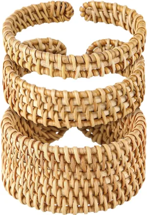 3 Pcs Handwoven Wooden Braided Rattan Knit Cuff Bracelet Adjustable Bohemian Chunky Wrap Bangle for Women Summer Ethnic Tribal Wrist Jewelry